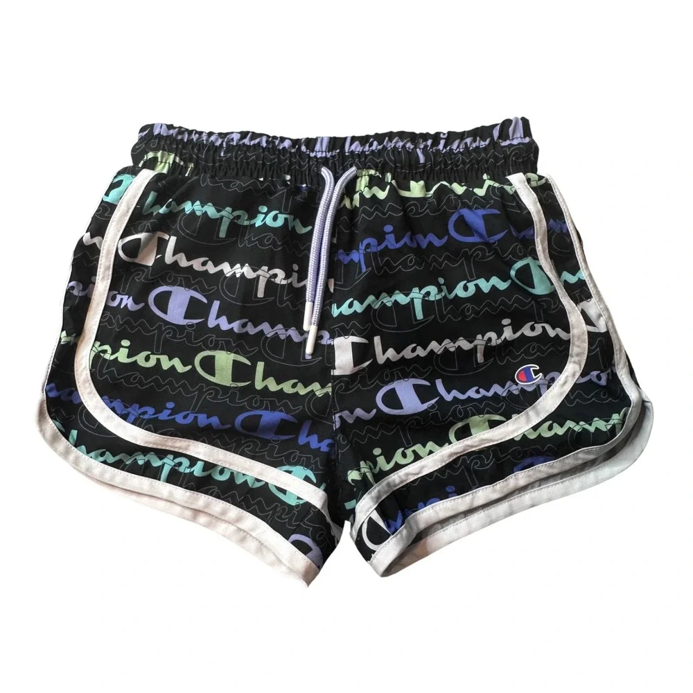 Champion‎ Shorts Girls 7/8 Black Script Logo Print Dolphin Athletic Activewear